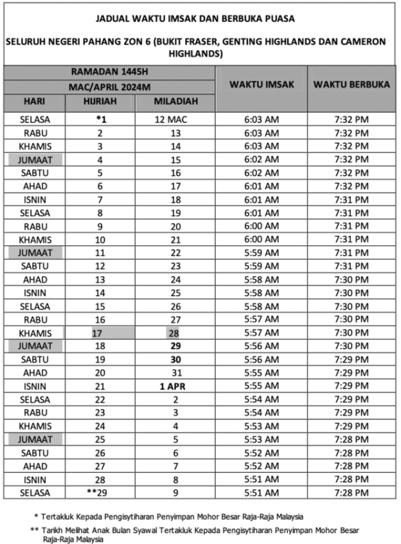 Jadual Waktu Berbuka Puasa Dan Imsak Pahang