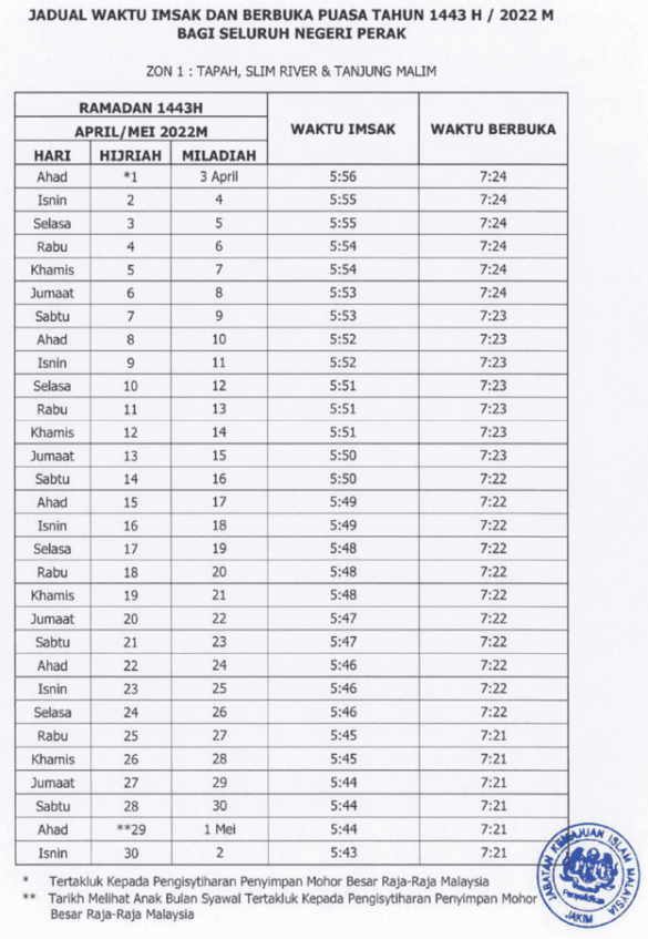 Jadual Waktu Berbuka Puasa Dan Imsak Perak 2022