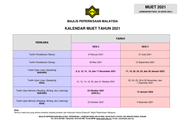 Kalendar Muet 2021 Jadual Tarikh Penting Peperiksaan